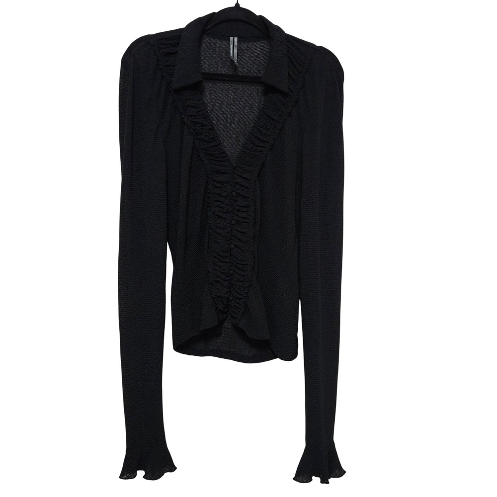 Anthropologie Whimsigoth Black Sheer Ruffle Blouse Romantic Gothic Button Up Med